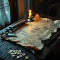 A treasure map spread out on a table lit by a single flickering candle, surrounded by pirate paraphernalia - cutlass, compass, spyglass, and gold coins, highly detailed, realistic