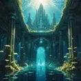 A hauntingly beautiful underwater city, sunlight filtering through the rippling surface above, bioluminescent flora and fauna illuminating the art deco architecture, the faint hum of unseen machinery echoing through the water, ethereal and eerie