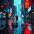 Cyberpunk street after the rain, reflections of neon lights on the wet pavement, puddles acting like mirrors to the city above, a lone figure walking away with a red umbrella, a sense of melancholy and beauty, cinematic composition, hyperrealistic