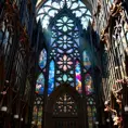 An intricate Art Nouveau cathedral facade, adorned with iridescent stained glass mosaics depicting celestial scenes, framed by organic lines of sculpted bronze vines and blossoms. Soft sunlight streams through, casting a kaleidoscope of colors within.