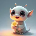 A fluffy, pastel-colored alien with oversized eyes and tiny antennae, giggling and holding a glowing flower, anime style, soft lighting