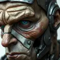 Close-up portrait of a weathered, grizzled cyborg, their face a patchwork of human skin and metallic plating, a single, piercing blue eye radiating wisdom and quiet power.