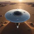 A sleek, chrome, disc-shaped spacecraft of unknown origin, hovering silently over a barren desert landscape, its surface reflecting the setting sun in a blinding flash.