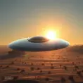 A sleek, chrome, disc-shaped spacecraft of unknown origin, hovering silently over a barren desert landscape, its surface reflecting the setting sun in a blinding flash.