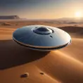 A sleek, chrome, disc-shaped spacecraft of unknown origin, hovering silently over a barren desert landscape, its surface reflecting the setting sun in a blinding flash.