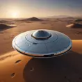 A sleek, chrome, disc-shaped spacecraft of unknown origin, hovering silently over a barren desert landscape, its surface reflecting the setting sun in a blinding flash.