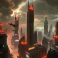 A cyberpunk cityscape on a distant planet, illuminated by neon signs in an alien language, with flying vehicles weaving between towering skyscrapers that pierce the cloudy atmosphere, rendered in a gritty, hyperrealistic style.