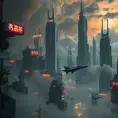 A cyberpunk cityscape on a distant planet, illuminated by neon signs in an alien language, with flying vehicles weaving between towering skyscrapers that pierce the cloudy atmosphere, rendered in a gritty, hyperrealistic style.