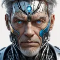 Close-up portrait of a weathered, grizzled cyborg, their face a patchwork of human skin and metallic plating, a single, piercing blue eye radiating wisdom and quiet power.