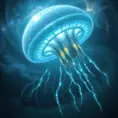 An immense, bioluminescent, jellyfish-like alien spacecraft, its translucent bell shimmering with ethereal light, trailing long, glowing tendrils as it navigates through a swirling nebula.