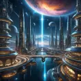 A breathtaking panoramic vista of a colossal, self-sufficient, cylindrical space metropolis, bathed in the ethereal glow of a nearby nebula, with intricate, bioluminescent, architectural marvels, bustling spaceports, and a network of shimmering, interconnecting transit tubes.