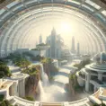 Inside a vast, crystalline dome, a utopian city thrives on a terraformed asteroid, featuring verdant parks, crystalline waterfalls cascading from floating islands, and sleek, white, futuristic architecture, all bathed in the soft, golden light of an artificial sun.