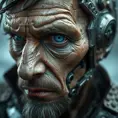 Close-up portrait of a weathered, grizzled cyborg, their face a patchwork of human skin and metallic plating, a single, piercing blue eye radiating wisdom and quiet power.