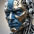 Close-up portrait of a weathered, grizzled cyborg, their face a patchwork of human skin and metallic plating, a single, piercing blue eye radiating wisdom and quiet power.