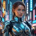 A stoic cyborg warrior, with intricate, glowing circuitry woven beneath their synthetic skin, stands amidst a futuristic cityscape, their augmented eyes reflecting the neon lights and holographic displays.