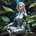 A graceful, androgynous cyborg, with flowing silver hair and opalescent mechanical limbs, sits in a meditative pose within a serene, bioluminescent garden, their body seamlessly blending organic and technological elements.