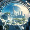 Inside a vast, crystalline dome, a utopian city thrives on a terraformed asteroid, featuring verdant parks, crystalline waterfalls cascading from floating islands, and sleek, white, futuristic architecture, all bathed in the soft, golden light of an artificial sun.