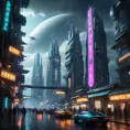 A cyberpunk cityscape on a distant planet, illuminated by neon signs in an alien language, with flying vehicles weaving between towering skyscrapers that pierce the cloudy atmosphere, rendered in a gritty, hyperrealistic style.