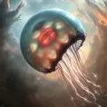 An immense, bioluminescent, jellyfish-like alien spacecraft, its translucent bell shimmering with ethereal light, trailing long, glowing tendrils as it navigates through a swirling nebula.