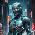 A stoic cyborg warrior, with intricate, glowing circuitry woven beneath their synthetic skin, stands amidst a futuristic cityscape, their augmented eyes reflecting the neon lights and holographic displays.