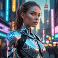 A stoic cyborg warrior, with intricate, glowing circuitry woven beneath their synthetic skin, stands amidst a futuristic cityscape, their augmented eyes reflecting the neon lights and holographic displays.