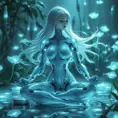 A graceful, androgynous cyborg, with flowing silver hair and opalescent mechanical limbs, sits in a meditative pose within a serene, bioluminescent garden, their body seamlessly blending organic and technological elements.