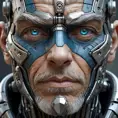 Close-up portrait of a weathered, grizzled cyborg, their face a patchwork of human skin and metallic plating, a single, piercing blue eye radiating wisdom and quiet power.