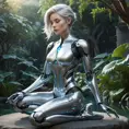 A graceful, androgynous cyborg, with flowing silver hair and opalescent mechanical limbs, sits in a meditative pose within a serene, bioluminescent garden, their body seamlessly blending organic and technological elements.