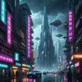 A cyberpunk cityscape on a distant planet, illuminated by neon signs in an alien language, with flying vehicles weaving between towering skyscrapers that pierce the cloudy atmosphere, rendered in a gritty, hyperrealistic style.