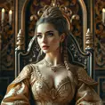 A regal woman with braided updo, wearing an elaborate gown fit for a queen, with gold filigree and rich, deep satin textures, in a grand throne room adorned with tapestries