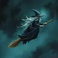 Flying on a witch's broom through the gloomy night sky of an evil witch with long, even snow-white hair. The atmosphere is magical, dark, and scary