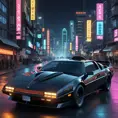 Futuristic KITT from Knight Rider in a cyberpunk city at night, an advanced, artificially intelligent, self-aware, and nearly indestructible car