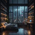 beautiful cozy, tiny, cramped bedroom with floor to ceiling glass windows overlooking a cyberpunk city at night, bookshelves, thunderstorm outside with torrential rain, detailed, high resolution, photorrealistic, dark, gloomy, moody aesthetic