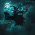 Flying on a witch's broom through the gloomy night sky of an evil witch with long, even snow-white hair. The atmosphere is magical, dark, and scary