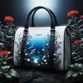 An image that presents a bag only for the brand Alexander McQueen. White rocks, planet, hyper-realistic, surrealism details, futuristic, 8k resolution, day editorial, inspired by Rick Owens or Alexander McQueen, dusk. Blue, black, and white. Red small details campaign. Dark, night. With bioluminescent plants that light up the bag during the night. During the night.