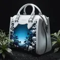 An image that presents a bag only for the brand Alexander McQueen. White rocks, planet, hyper-realistic, surrealism details, futuristic, 8k resolution, day editorial, inspired by Rick Owens or Alexander McQueen, dusk. Blue, black, and white. Red small details campaign. Dark, night. With bioluminescent plants that light up the bag during the night. During the night.