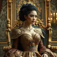 A regal woman with braided updo, wearing an elaborate gown fit for a queen, with gold filigree and rich, deep satin textures, in a grand throne room adorned with tapestries