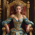 A regal woman with braided updo, wearing an elaborate gown fit for a queen, with gold filigree and rich, deep satin textures, in a grand throne room adorned with tapestries