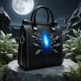 An image that presents a bag only for the brand Alexander McQueen. White rocks, planet, hyper-realistic, surrealism details, futuristic, 8k resolution, day editorial, inspired by Rick Owens or Alexander McQueen, dusk. Blue, black, and white. Red small details campaign. Dark, night. With bioluminescent plants that light up the bag during the night. During the night.