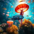 An underwater alien world with bioluminescent coral reefs, shimmering jellyfish forests, strange and beautiful fish with iridescent scales, shafts of sunlight filtering through the water, vibrant and colorful, photorealistic, National Geographic photography