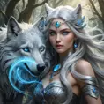 A hauntingly beautiful Wild Hunt sorceress, with long flowing silver hair and piercing blue eyes, summoning a spectral wolf amidst a swirling vortex of magic, deep within an ancient forest, mystical, powerful, ethereal beauty, fantasy art style