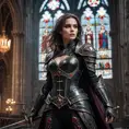 A powerful and alluring vampire warrior with ruby red eyes, wearing intricate black leather armor, a battle-worn sword strapped to her back, standing triumphantly in a gothic cathedral with shattered stained glass windows, dynamic pose, dramatic lighting, cinematic