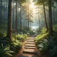 A winding dirt path disappearing into a dense forest, sunlight filtering through the canopy, a weathered wooden signpost pointing towards a distant lake, Firewatch color palette, peaceful and inviting, sense of mystery