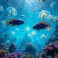 An underwater alien world with bioluminescent coral reefs, shimmering jellyfish forests, strange and beautiful fish with iridescent scales, shafts of sunlight filtering through the water, vibrant and colorful, photorealistic, National Geographic photography