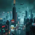 A sprawling dystopian cityscape at night, towering neon skyscrapers pierce a polluted sky, flying vehicles navigate a labyrinth of illuminated advertising, rain-slicked streets reflecting a kaleidoscope of light, Blade Runner style, cyberpunk, dark and gritty