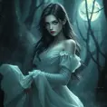 An ethereal vampire maiden with a delicate yet captivating beauty, pale blue eyes that shimmer like sapphires, wearing a flowing white dress that evokes the moonlight, surrounded by mist in a dark forest, art nouveau style, soft lighting, dreamlike atmosphere