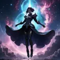 Silhouette of cosmic sorceress, nebula armor, suspended in air, nebula-filled backdrop