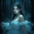 An ethereal vampire maiden with a delicate yet captivating beauty, pale blue eyes that shimmer like sapphires, wearing a flowing white dress that evokes the moonlight, surrounded by mist in a dark forest, art nouveau style, soft lighting, dreamlike atmosphere