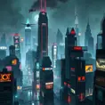 A sprawling dystopian cityscape at night, towering neon skyscrapers pierce a polluted sky, flying vehicles navigate a labyrinth of illuminated advertising, rain-slicked streets reflecting a kaleidoscope of light, Blade Runner style, cyberpunk, dark and gritty