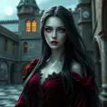 A stunningly beautiful vampire queen with piercing emerald eyes, porcelain skin, and long flowing black hair, adorned in a gothic burgundy velvet gown, standing in a castle courtyard bathed in moonlight, intricate details, hyperrealistic, sharp focus